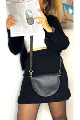 %100 Gerçek Deri El Yapımı Siyah Kadın Omuz Askılı Deri Postacı Çanta