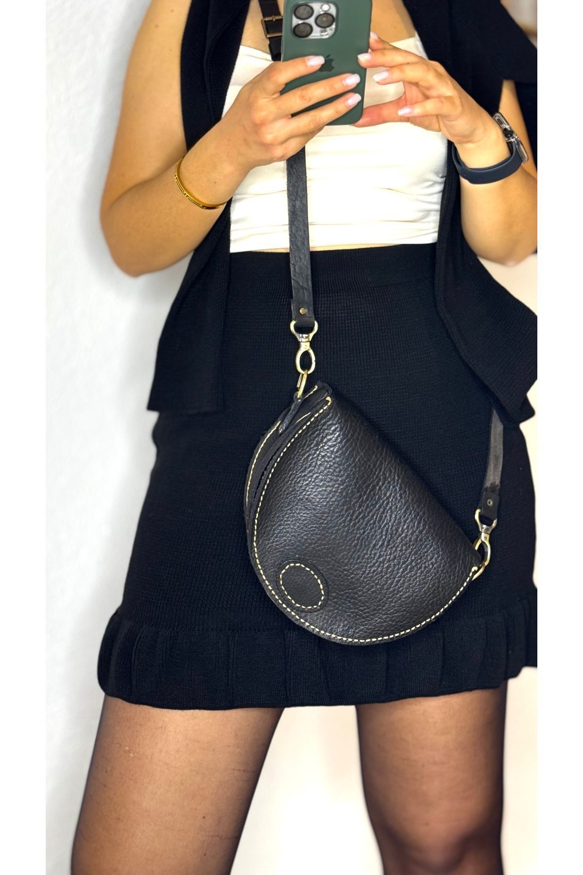 %100 Gerçek Deri El Yapımı Siyah Kadın Omuz Askılı Deri Postacı Çanta