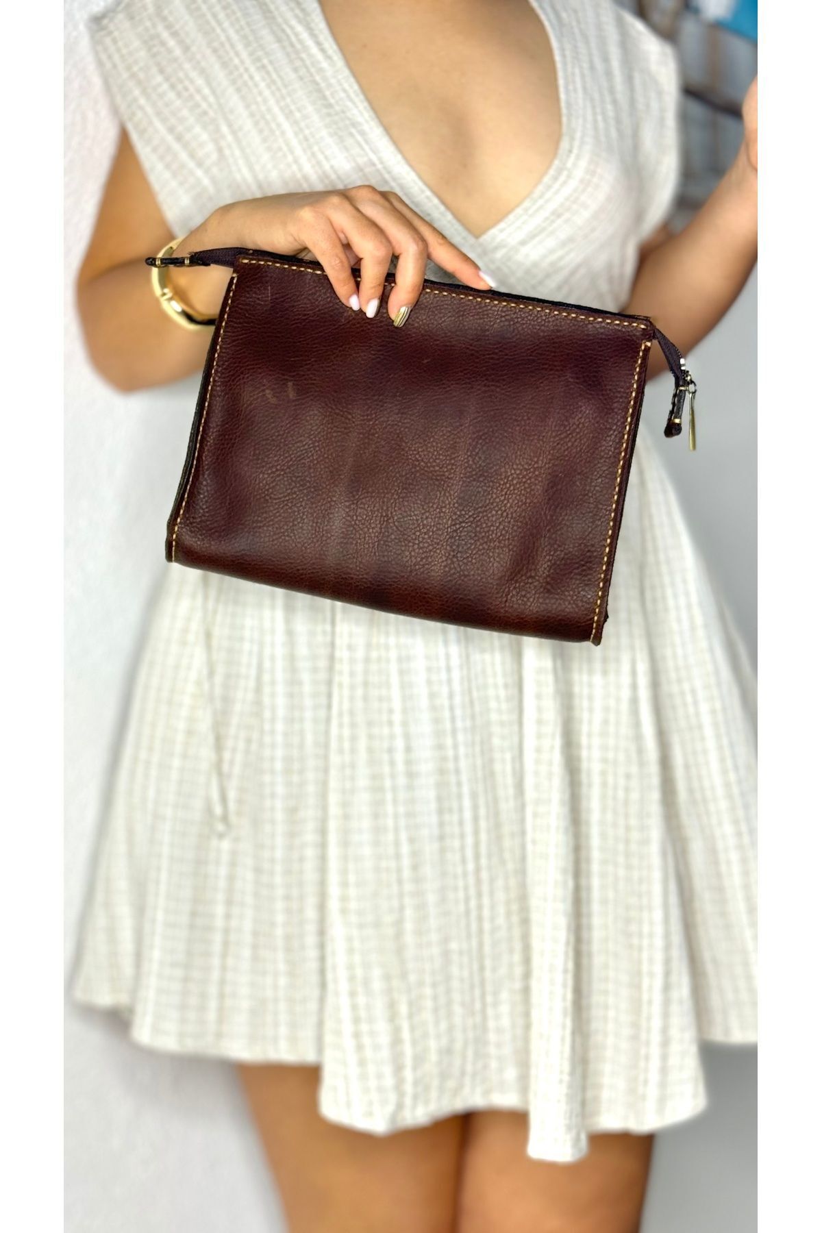 %100 Gerçek Deri El Yapımı Clucth Erkek Kadın Unisex Portföy Çanta Fermuarlı Tek Gözlü Deri Çanta