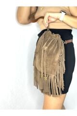 %100 Gerçek Süet Deri El Yapımı Püsküllü Kese Kadın Vizon Kol Omuz Çantası