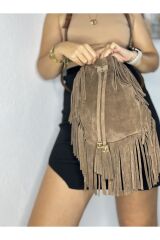 %100 Gerçek Süet Deri El Yapımı Püsküllü Kese Kadın Vizon Kol Omuz Çantası