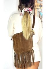 %100 gerçek süet deri el yapımı püsküllü kadın kahverengi kol omuz çantası