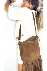 %100 gerçek süet deri el yapımı püsküllü kadın kahverengi kol omuz çantası