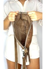 %100 gerçek süet deri el yapımı püsküllü kadın kahverengi kol omuz çantası