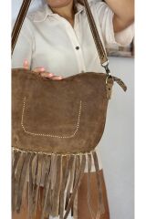 %100 gerçek süet deri el yapımı püsküllü kadın kahverengi kol omuz çantası