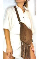 %100 gerçek süet deri el yapımı püsküllü kadın kahverengi kol omuz çantası