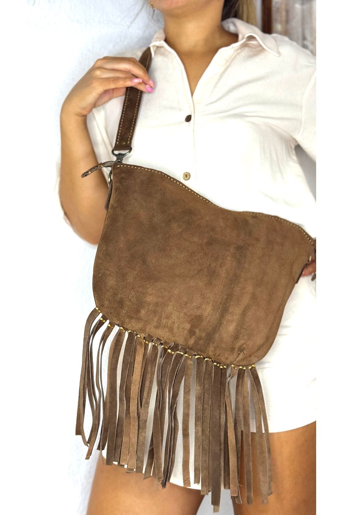 %100 gerçek süet deri el yapımı püsküllü kadın kahverengi kol omuz çantası