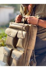%100 Hakiki Deri El Yapımı Çok Cepli Özel Tasarım Erkek Haki Deri Kamp Sırt Çantası Outdoor