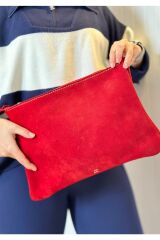 %100 Gerçek Süet Deri El Yapımı Kadın Erkek Unısex Kırmızı A4 Evrak Portföy Clutch Macbook Çantası