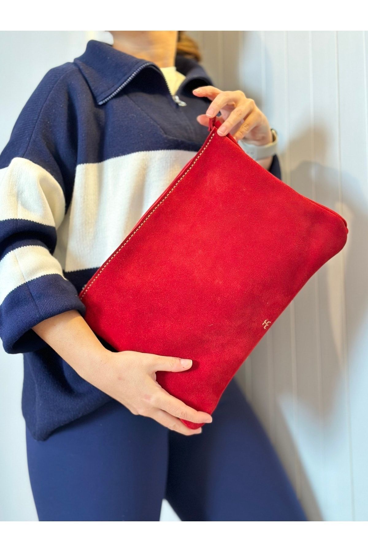 %100 Gerçek Süet Deri El Yapımı Kadın Erkek Unısex Kırmızı A4 Evrak Portföy Clutch Macbook Çantası