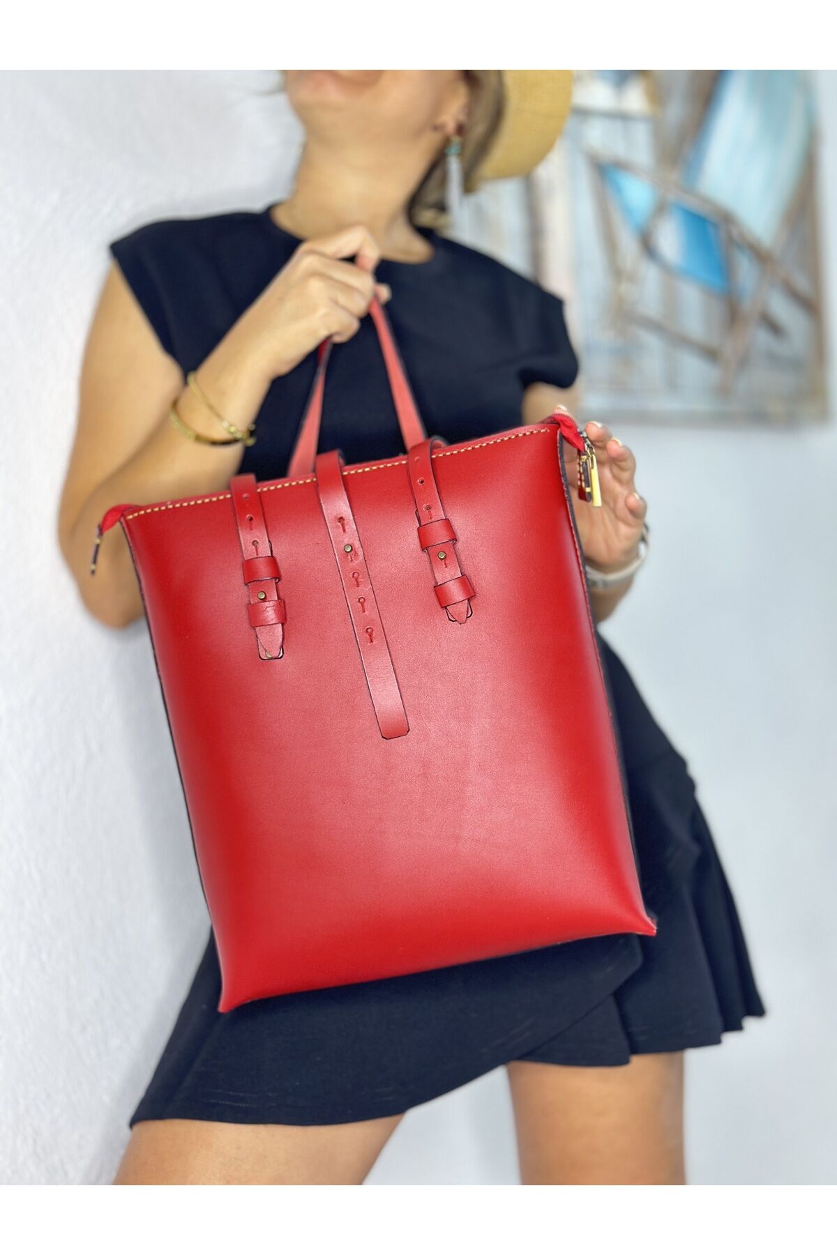 %100 Hakiki Deri Gerçek Deri El İşçiliği Kol Çantası Ayarlanabilir Deri Omuz Askısı