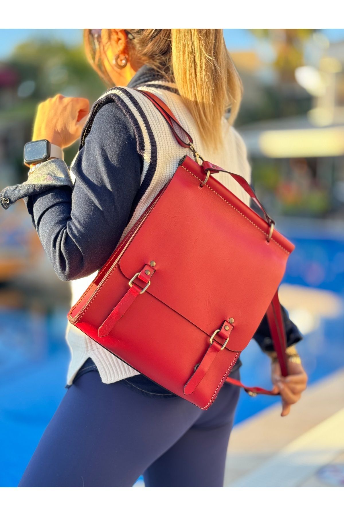 %100 Gerçek Deri El Yapımı Kadın Kırmızı Sırt Çantası Kol Çantası El Çantası Çok Kullanımlı