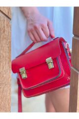 %100 Deri Elyapımı Kadın Kırmızı Postacı Çanta Omuz Askılı Çanta Çift Kilitli Çapraz El Çantası