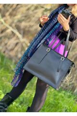 %100 Gerçek Deri El Yapımı Kadın Siyah Uzunluk Ayarlı Toka Detaylı Kol Omuz Çantası