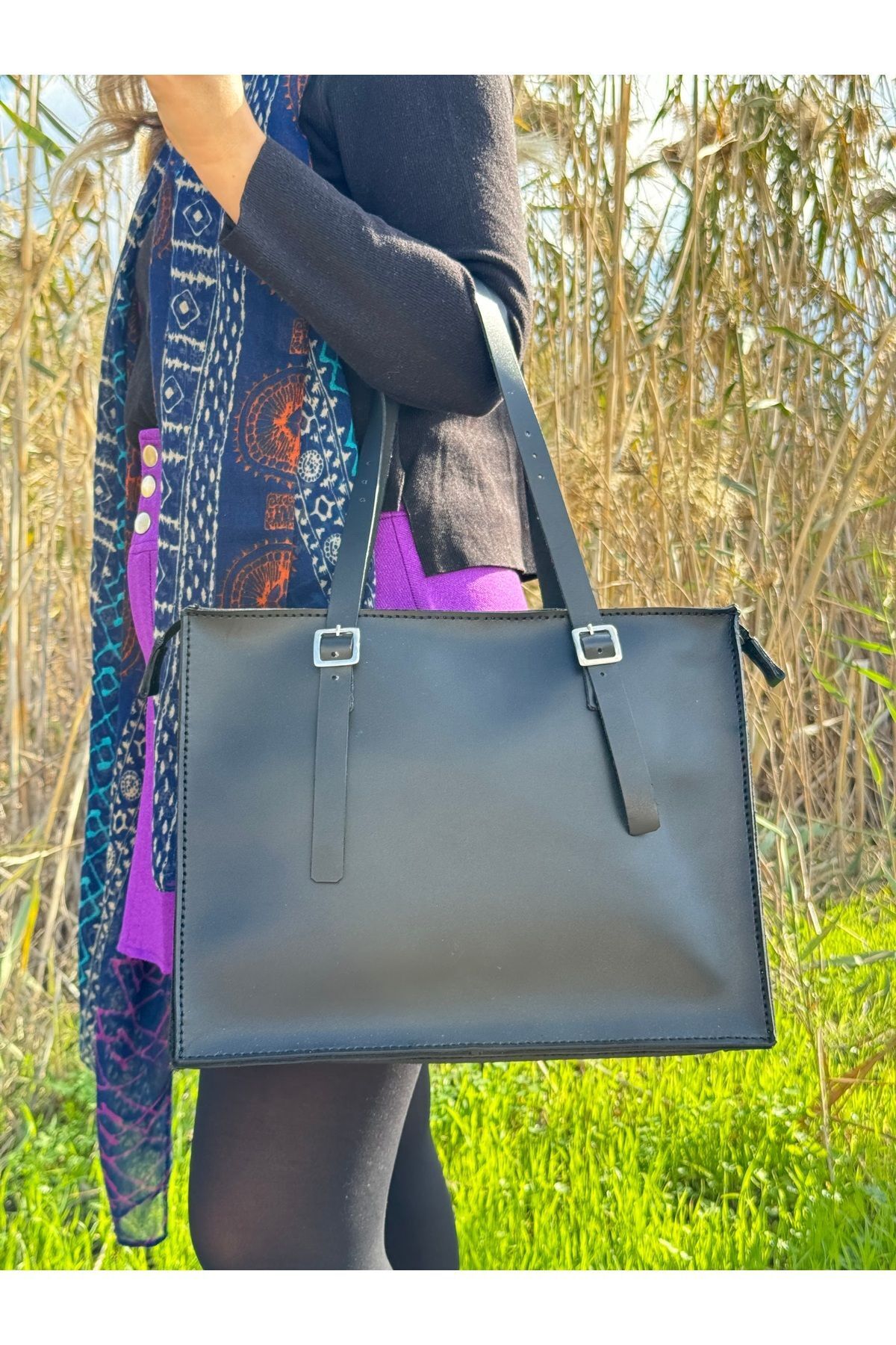 %100 Gerçek Deri El Yapımı Kadın Siyah Uzunluk Ayarlı Toka Detaylı Kol Omuz Çantası