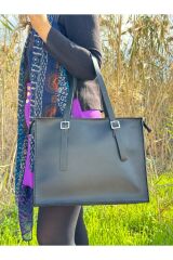 %100 Gerçek Deri El Yapımı Kadın Siyah Uzunluk Ayarlı Toka Detaylı Kol Omuz Çantası