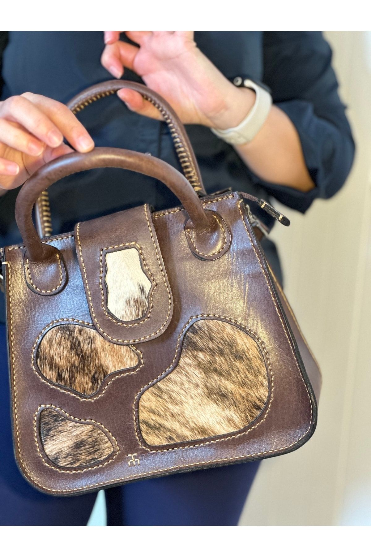 %100 Hakiki Deri El Yapımı Desenli Kadın Kahverengi Kol Çantası El Çantası Çapraz Çanta