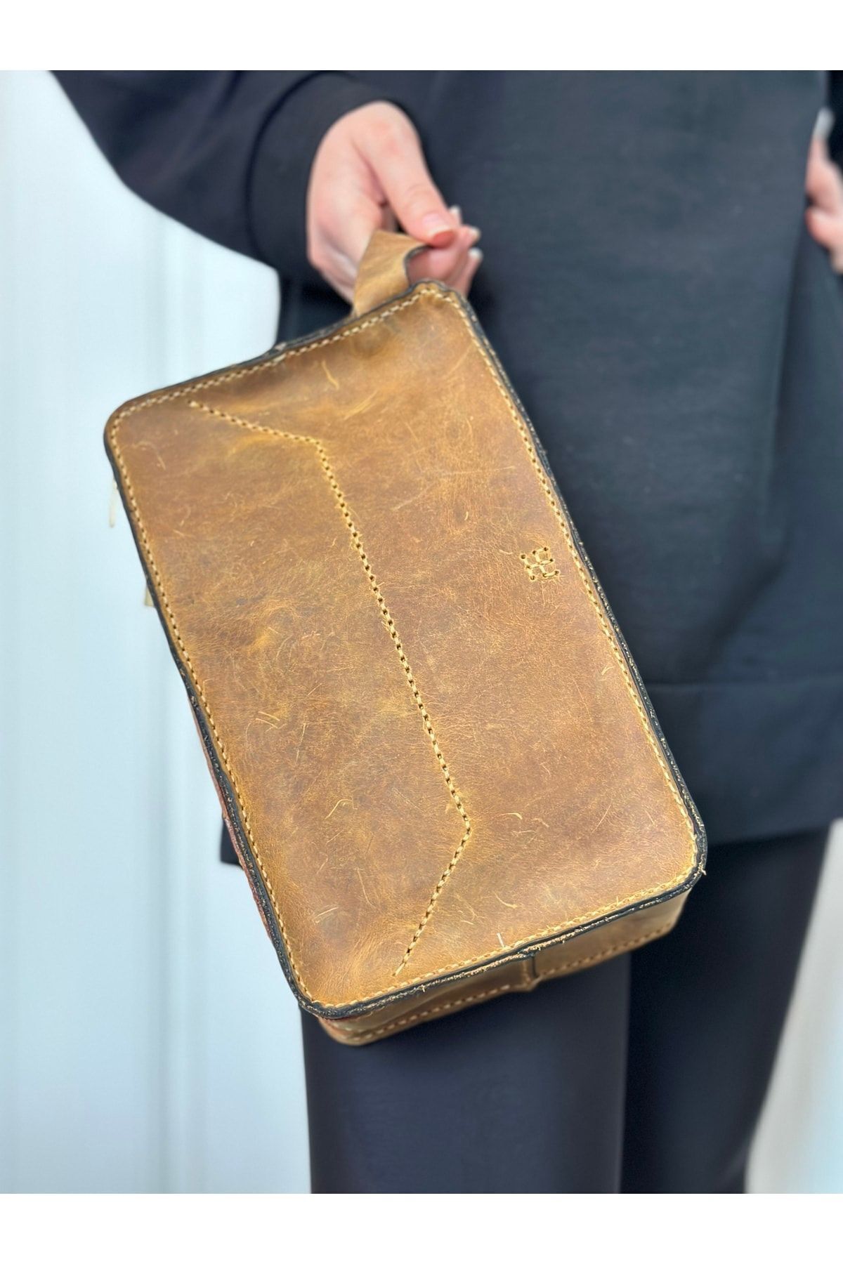 %100 Gerçek Deri El Yapımı Kadın Erkek Taba Sarı Çok Gözlü Kişisel Bakım Seyahat Çantası