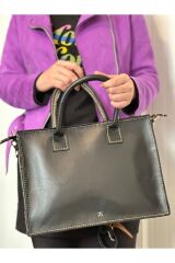 %100 Hakiki Deri El Yapımı Siyah Kadın Postacı Kol Omuz Askılı Çanta