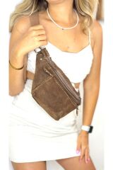 %100 Gerçek Süet Deri El Yapımı Kadın Erkek Unisex Freebag 2 Cepli Kahverengi Bel Çantası