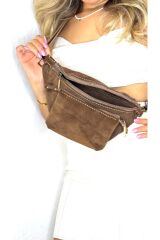 %100 Gerçek Süet Deri El Yapımı Kadın Erkek Unisex Freebag 2 Cepli Kahverengi Bel Çantası