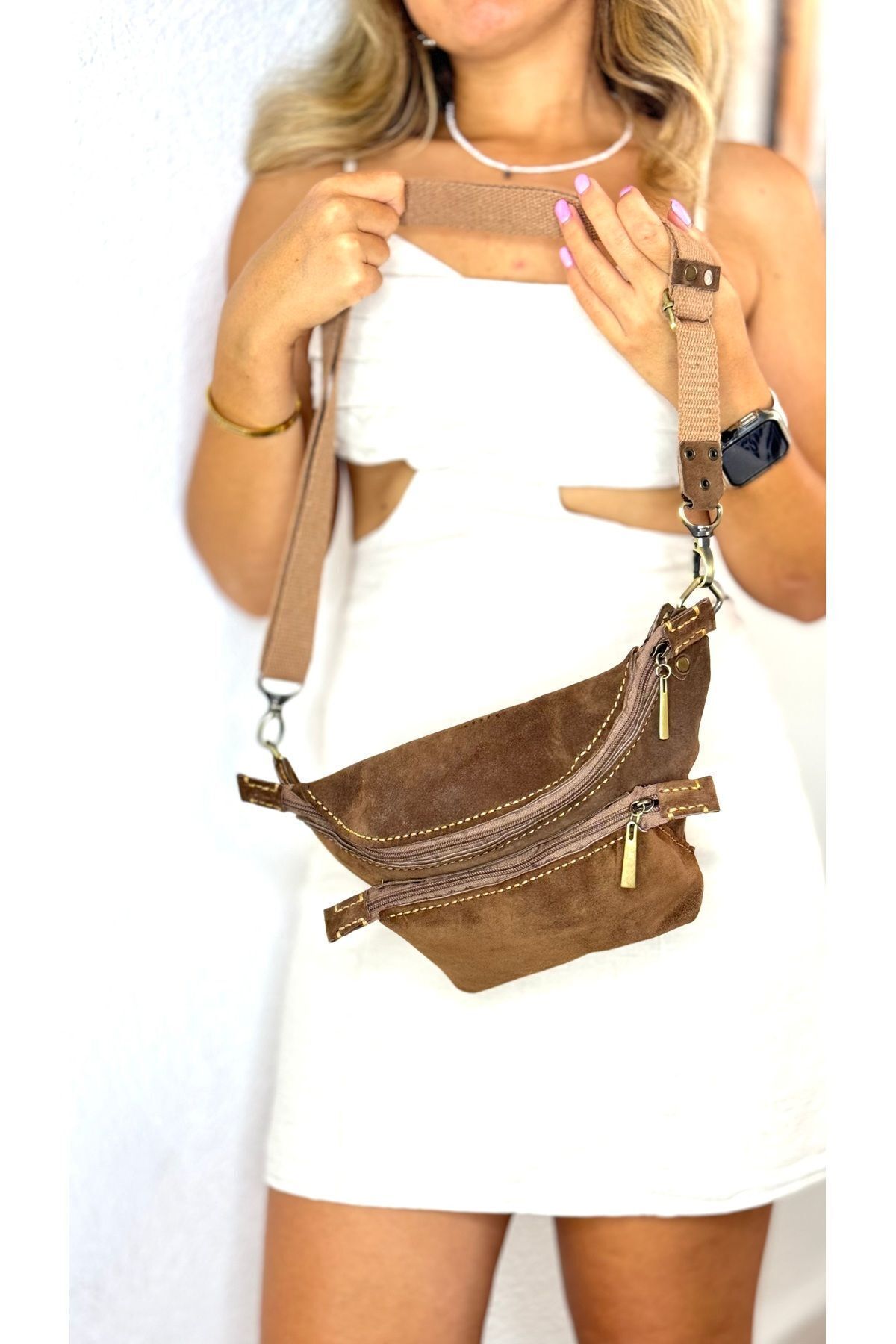 %100 Gerçek Süet Deri El Yapımı Kadın Erkek Unisex Freebag 2 Cepli Kahverengi Bel Çantası