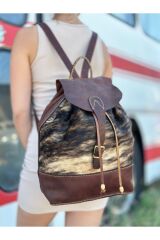 %100 Gerçek Deri El Yapımı Kahverengi,bej Kadın Sırt Çantası Desenli Deri Sırt Çantası Deri Poslu