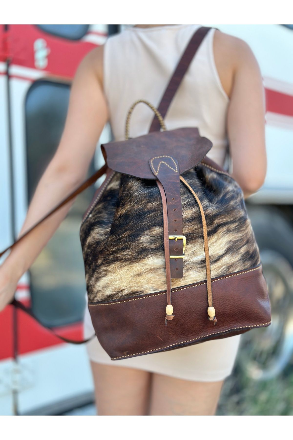 %100 Gerçek Deri El Yapımı Kahverengi,bej Kadın Sırt Çantası Desenli Deri Sırt Çantası Deri Poslu