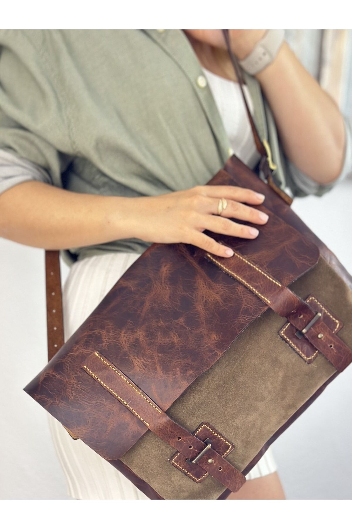 %100 Gerçek Deri El Yapımı Postacı Çanta Süet Deri Postacı Çanta Ayarlanabilir Omuz Askısı