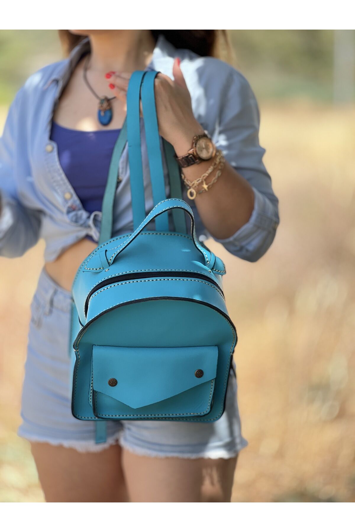 Hakiki Deri El Yapımı Sırt Çantası Deri Çanta Kadın Deri Sırt Çantası Mavi Kırmızı Sırt Çantası