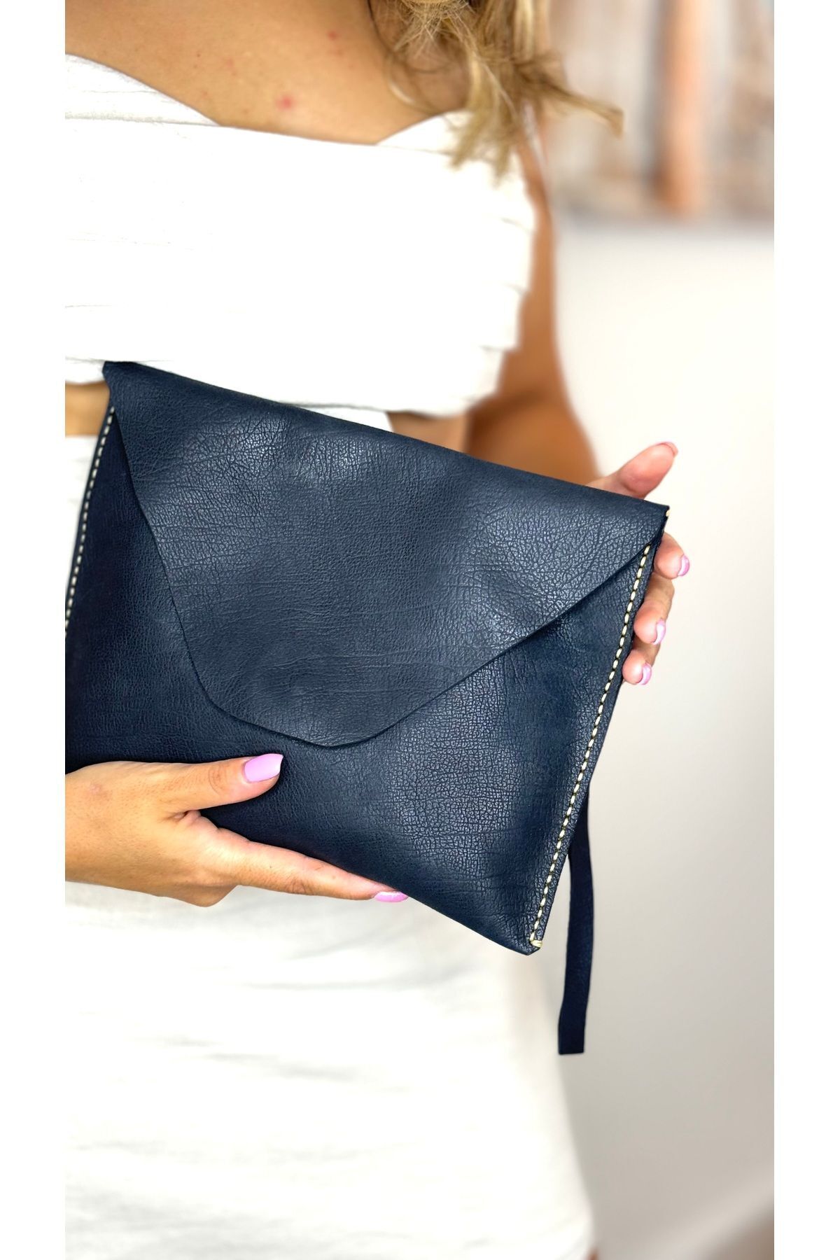 %100 Gerçek Deri El Yapımı Kadın Erkek Unisex Siyah El Çantası Deri Clutch Portföy