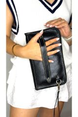 %100 Gerçek Deri El Yapımı Erkek Kadın El çantası kartlıklı, portföy ,clutch siyah taba