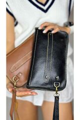 %100 Gerçek Deri El Yapımı Erkek Kadın El çantası kartlıklı, portföy ,clutch siyah taba