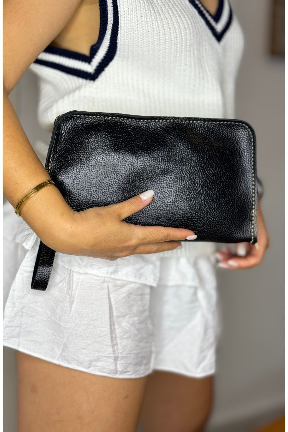 %100 Gerçek Deri El Yapımı Erkek Kadın El çantası kartlıklı, portföy ,clutch siyah taba