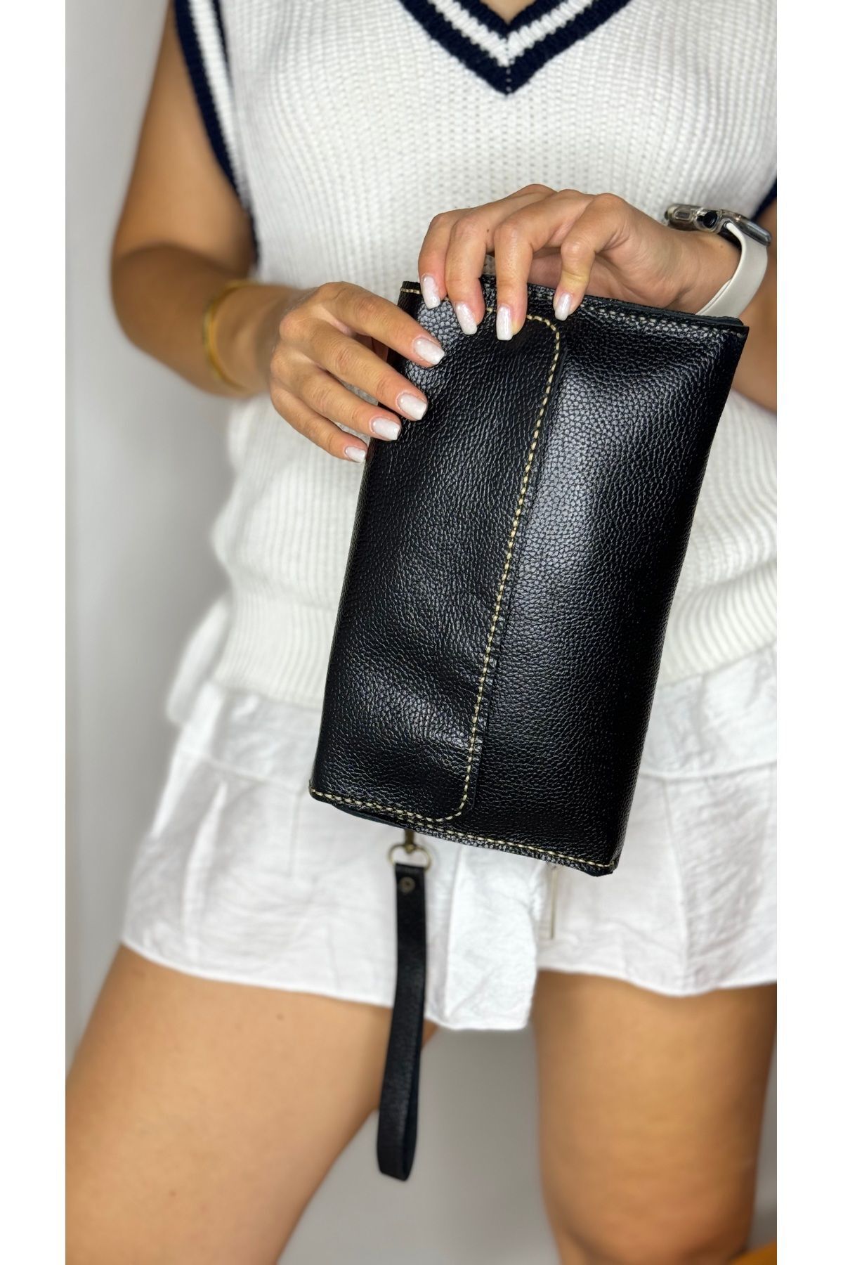 %100 Gerçek Deri El Yapımı Erkek Kadın Kapaklı El çantası kartlıklı, portföy ,clutch siyah taba