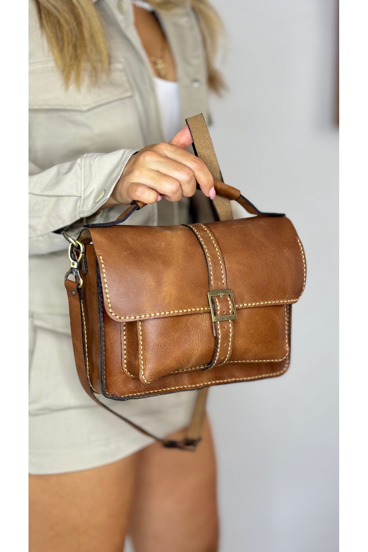 %100 gerçek deri el yapımı Kadın erkek unisex çok cepli postacı çanta