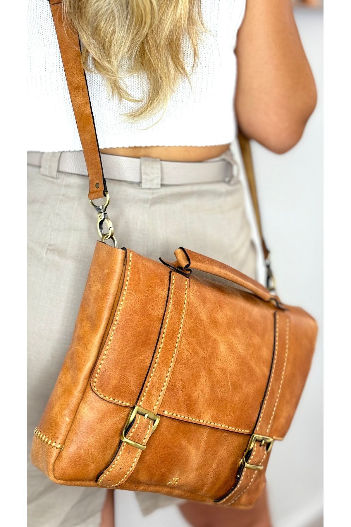 %100 Gerçek Deri El Yapımı Kadın Erkek Unisex Postacı Çapraz Taba Evrak Çantası