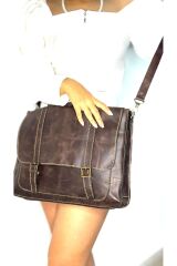 %100 Gerçek Deri El Yapımı Kadın Erkek Koyu Kahverengi Evrak Laptop Omuz Çantası