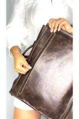 %100 Gerçek Deri El Yapımı Kadın Erkek Koyu Kahverengi Evrak Laptop Omuz Çantası