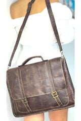 %100 Gerçek Deri El Yapımı Kadın Erkek Koyu Kahverengi Evrak Laptop Omuz Çantası