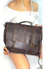 %100 Gerçek Deri El Yapımı Kadın Erkek Koyu Kahverengi Evrak Laptop Omuz Çantası