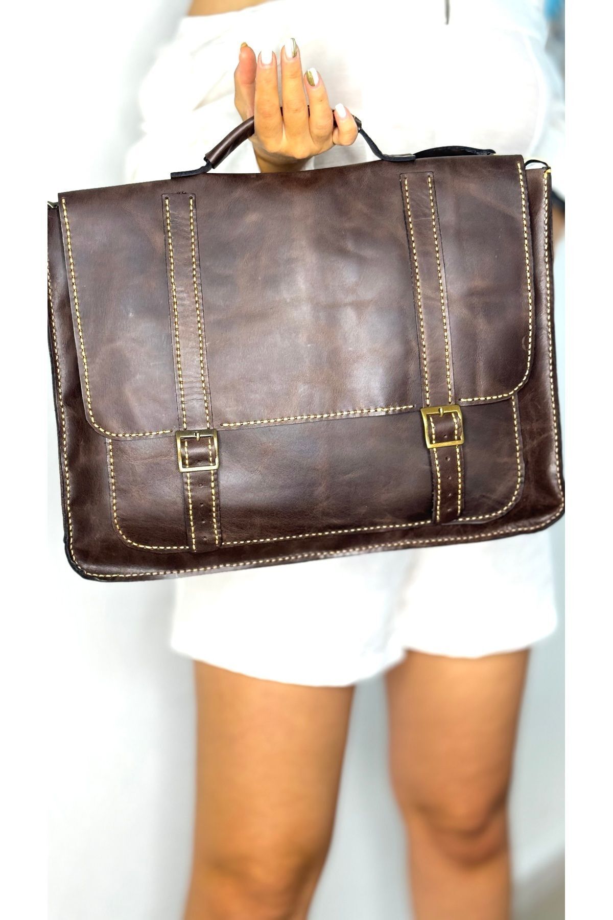 %100 Gerçek Deri El Yapımı Kadın Erkek Koyu Kahverengi Evrak Laptop Omuz Çantası