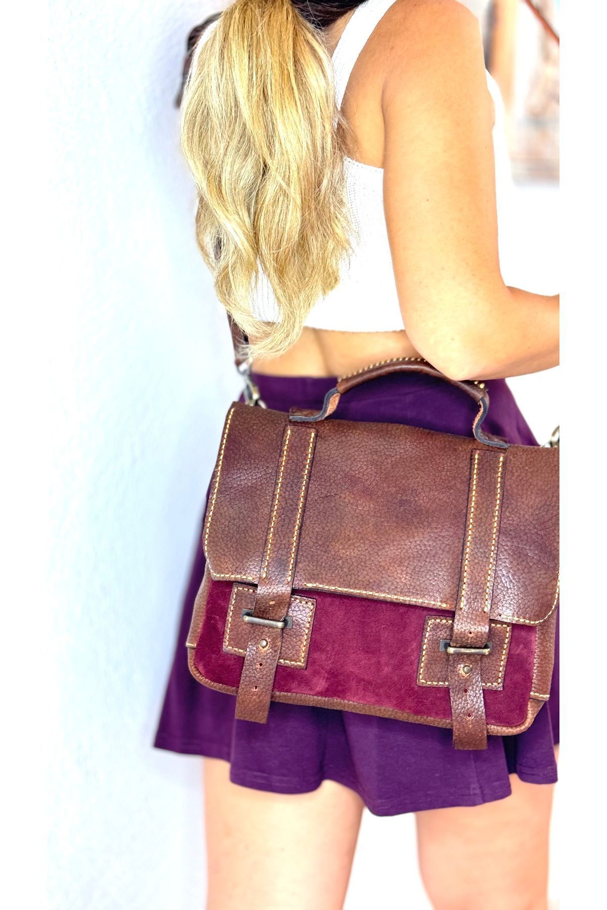 %100 Gerçek Süet Deri Bizon Derisi El Yapımı Kadın Erkek Unisex Bordo Kahverengi Evrak Çantası