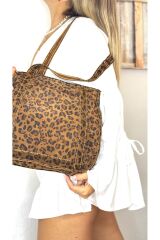 %100 gerçek süet deri el yapımı leopar desenli kadın taba rengi kol omuz çantası