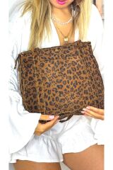 %100 gerçek süet deri el yapımı leopar desenli kadın taba rengi kol omuz çantası