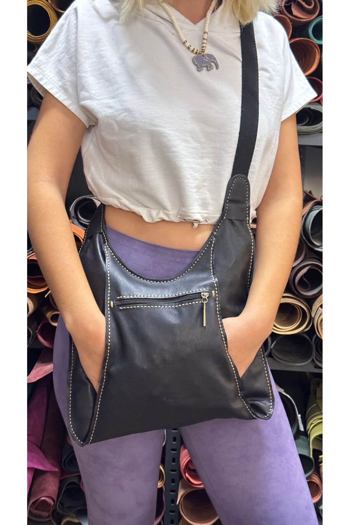 %100 gerçek dere tamamen el yapımı çift gözlü kadın erkek Unisex siyah postacı çanta