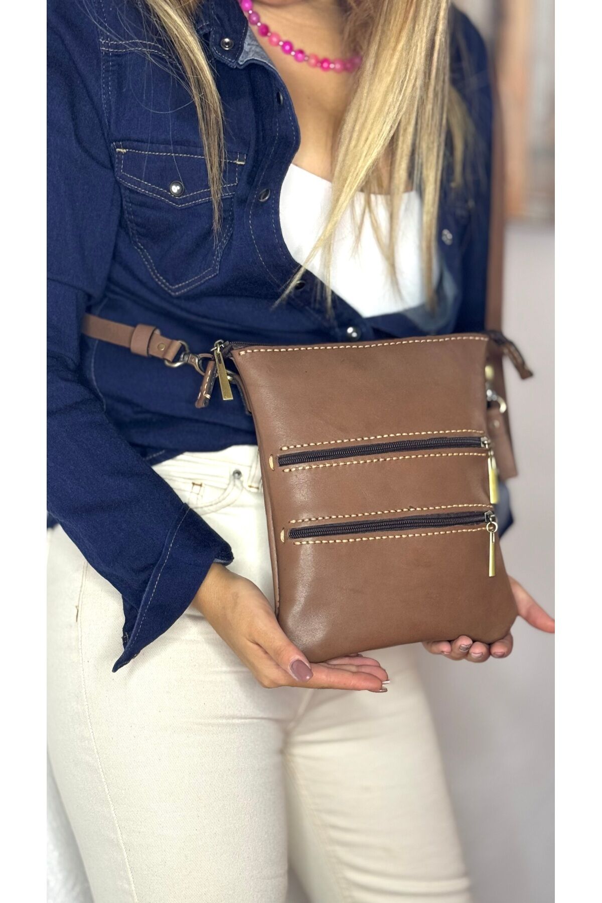 %100 gerçek deri tamamen el yapımı kadın erkek Unisex çok cepli kahverengi postacı çanta