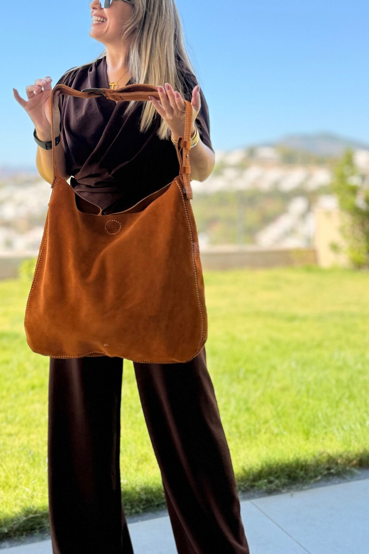 Gerçek Süet Deri Tamamen El Yapımı Kadın Heybe Tote Omuz Çantası