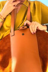 %100 Gerçek Deri Süet Deri El Yapımı Kadın Taba Kol Omuz Çantası