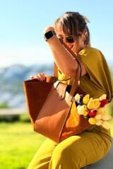 %100 Gerçek Deri Süet Deri El Yapımı Kadın Taba Kol Omuz Çantası